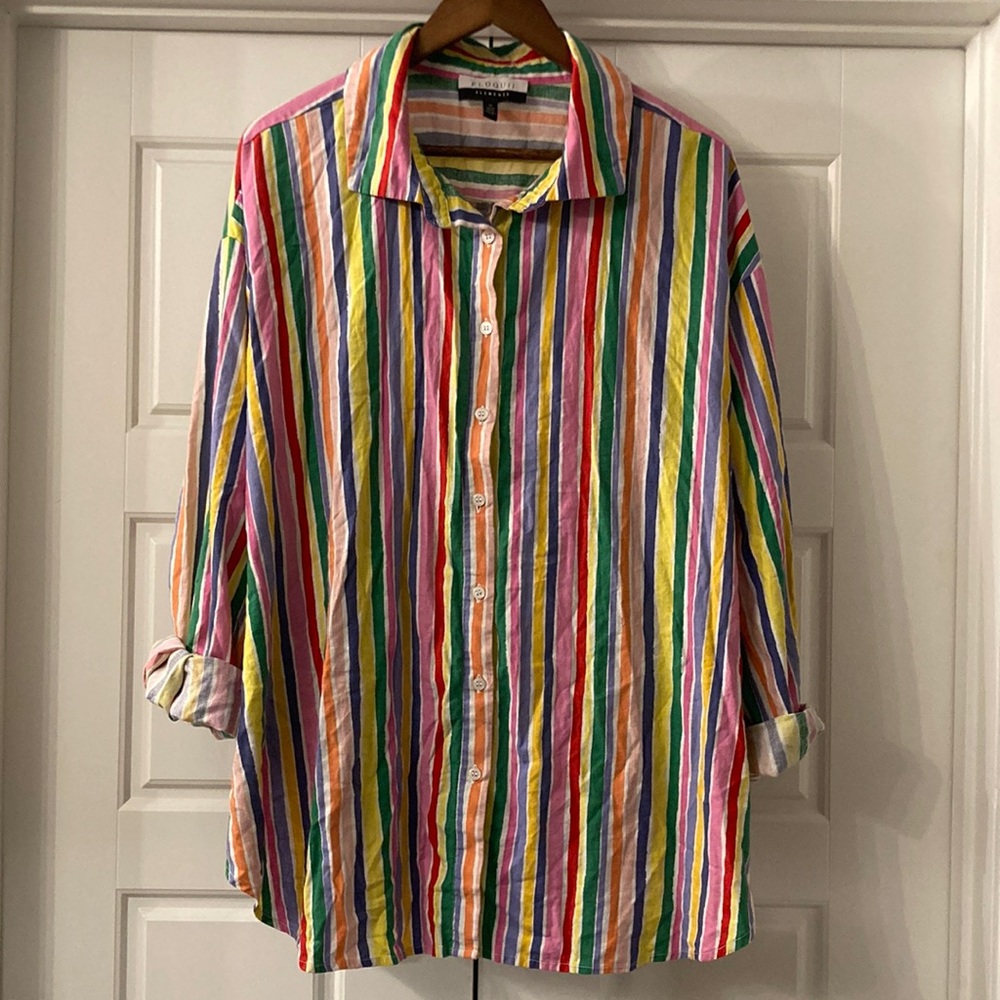 Eloquii elements rainbow striped linen button down long sleeve shirt